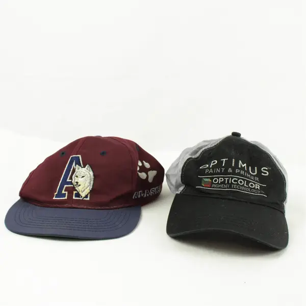 Lot of 2 Adjustable Baseball Caps Maroon Alaska & Black Optimus Paint & Primer
