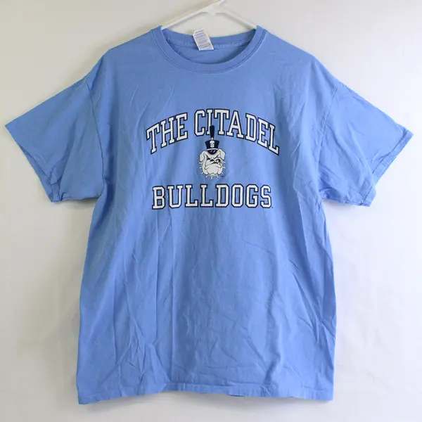 Vtg Gildan Adult L Sky Blue "Citadel Bulldogs" Graphic Short Sleeve Cotton Tee