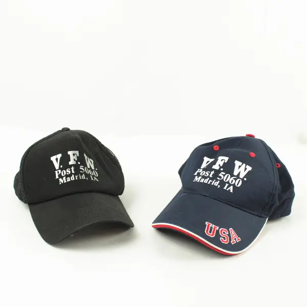 Lot of 2 Adjustable Baseball Caps Blue VFW Madrid IA & Black VFW Madrid IA