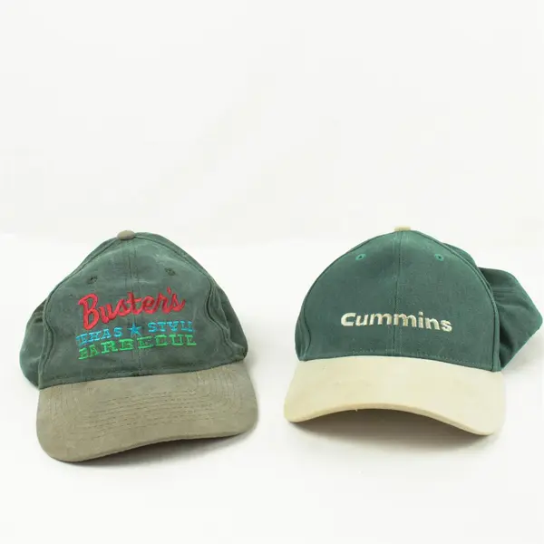 Lot of 2 Adjustable Baseball Caps Green/Brown Cummins & Green Buster's