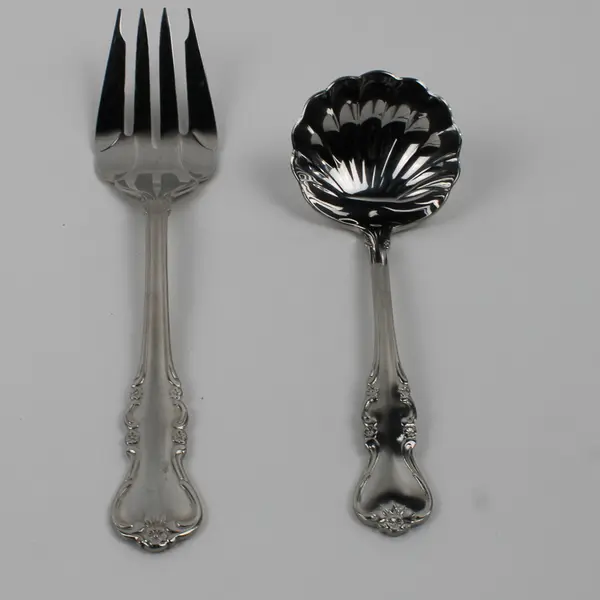 2 Wallace Silver Colby Pattern 18/8 SS HTF Rare Shell Ladle & Serving Fork Good