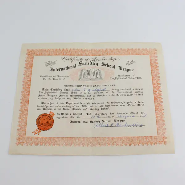 International Sunday School League Membership Certificate 1949 McMinnville OR
