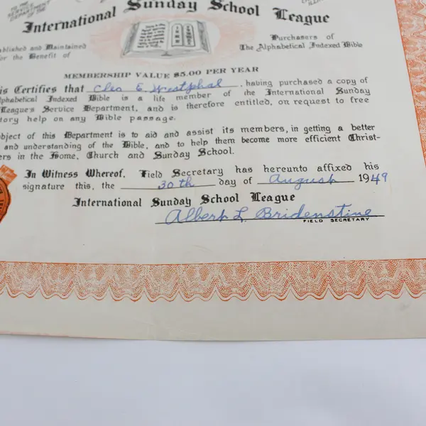 International Sunday School League Membership Certificate 1949 McMinnville OR