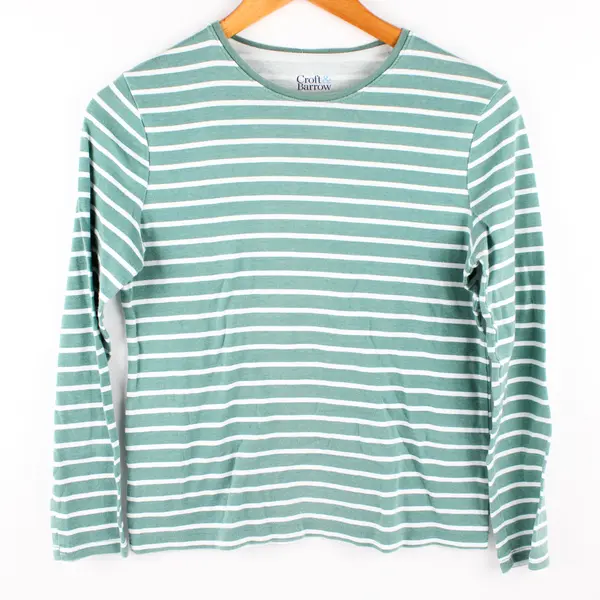 Croft & Barrow Women's Small Petite Green & White The Classic Tee Long Sleeve