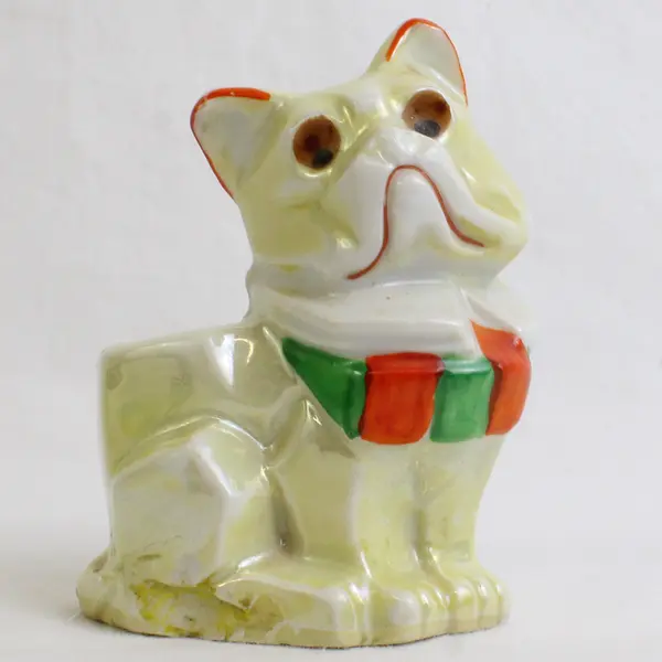 VTG 1930's Japanese Lusterware Porcelain Cubist-Style French Bulldog Pin Cushion