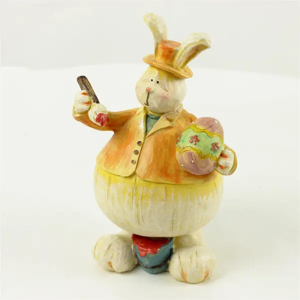 Easter Bunny Figurine Orange Jacket Holding Painted Egg Collectible