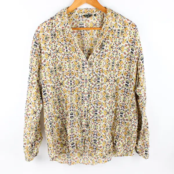 Eddie Bauer Women's XL Yellow Floral Pleated Roll Tab Sleeve Button Up Blouse