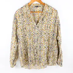 Eddie Bauer Women's XL Yellow Floral Pleated Roll Tab Sleeve Button Up Blouse