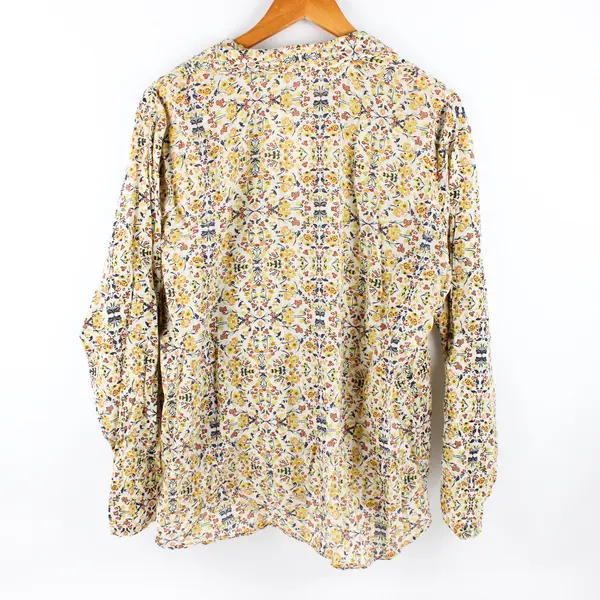 Eddie Bauer Women's XL Yellow Floral Pleated Roll Tab Sleeve Button Up Blouse