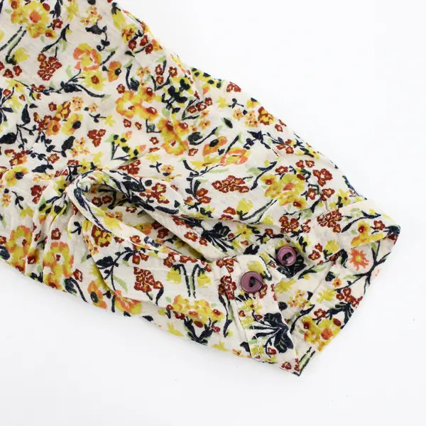 Eddie Bauer Women's XL Yellow Floral Pleated Roll Tab Sleeve Button Up Blouse