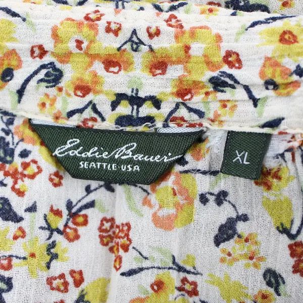 Eddie Bauer Women's XL Yellow Floral Pleated Roll Tab Sleeve Button Up Blouse