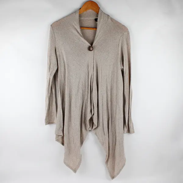 Bobeau Women's M Beige One Button Asymmetric Drape Long Sleeve Cardigan