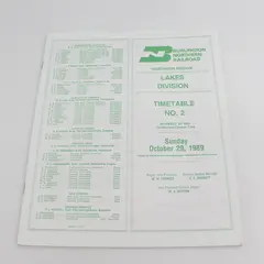 Burlington Northern Railroad October 29 1989 Lakes Division Timetable No. 2 