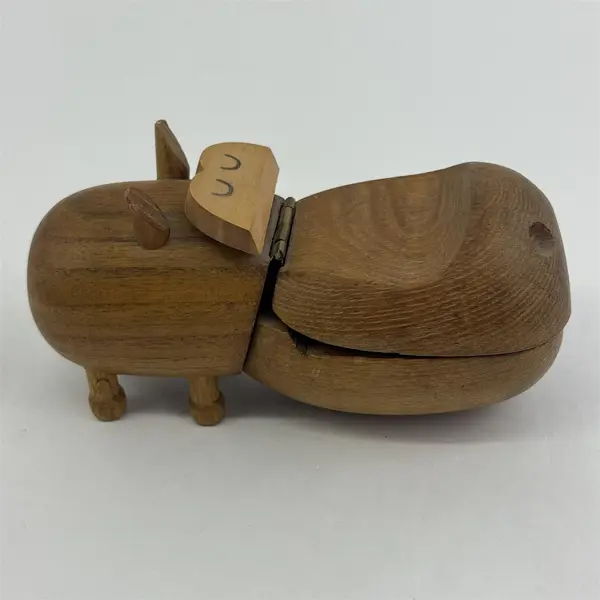 VTG 1959 Zoo Line Teak Wood Gentlemen's Over-Nighter Hippopotamus Trinket Box 