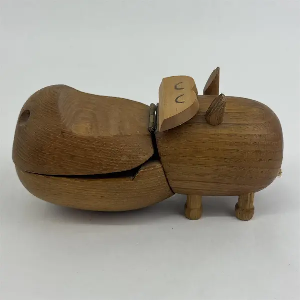 VTG 1959 Zoo Line Teak Wood Gentlemen's Over-Nighter Hippopotamus Trinket Box 