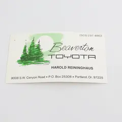 Vintage Beaverton Toyota Harold Reininghaus Business Card Portland Oregon