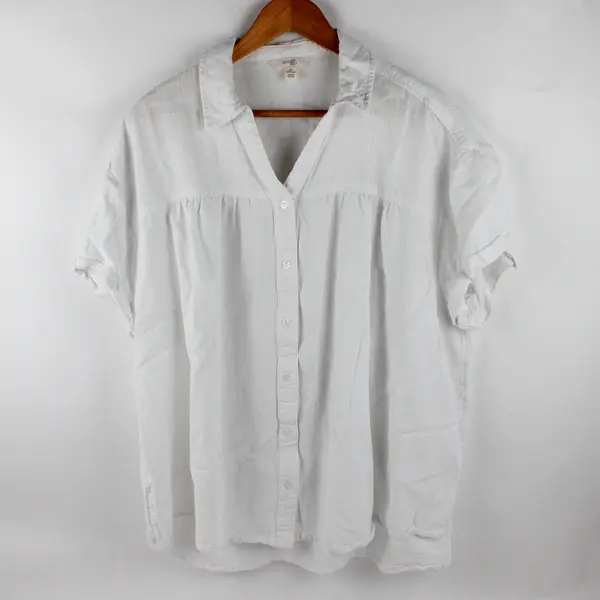 Terra & Sky Women's 2X (20-22W) White Linen Blend Cuffed Sleeve Button Tunic 