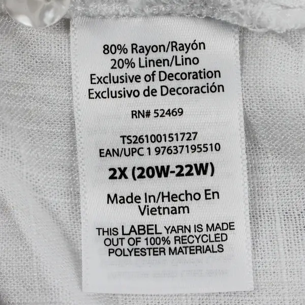 Terra & Sky Women's 2X (20-22W) White Linen Blend Cuffed Sleeve Button Tunic 