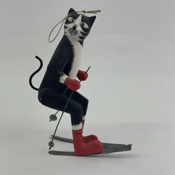 Carved Wood Black And White  Skiing Cat Christmas Ornament - 7"