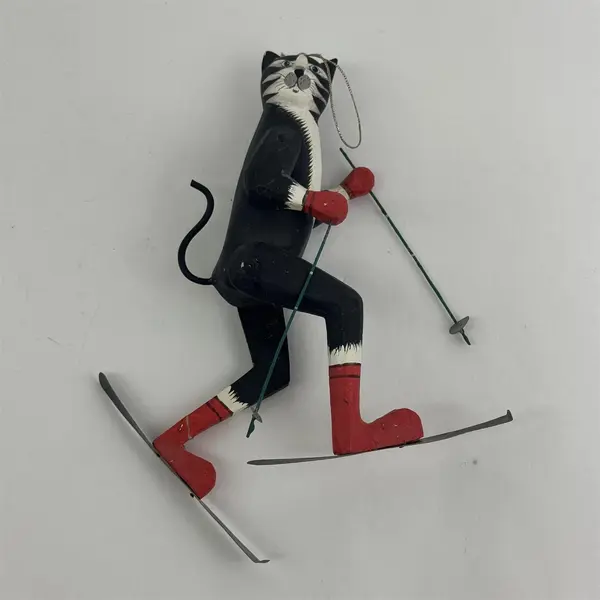 Carved Wood Black And White  Skiing Cat Christmas Ornament - 7"