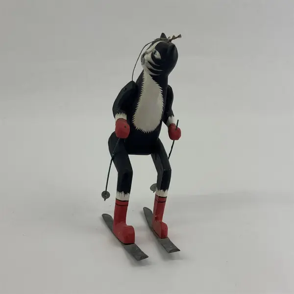 Carved Wood Black And White  Skiing Cat Christmas Ornament - 7"