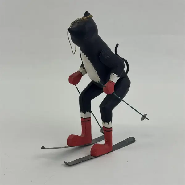Carved Wood Black And White  Skiing Cat Christmas Ornament - 7"