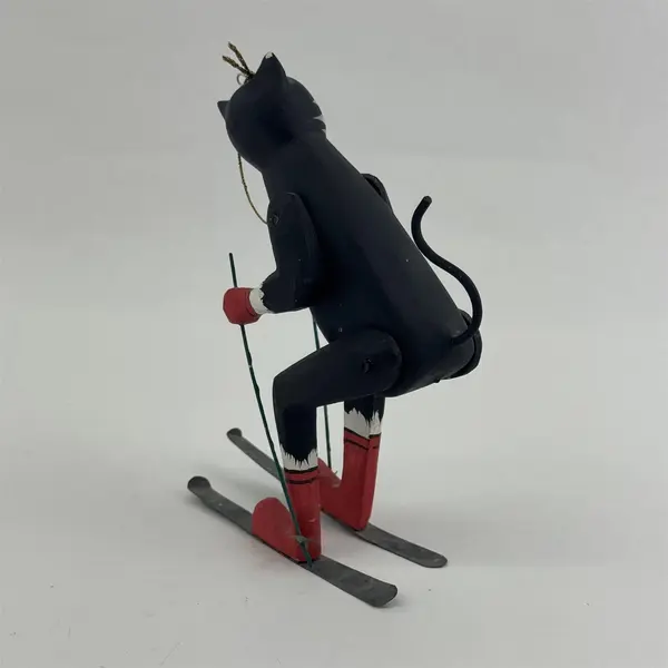 Carved Wood Black And White  Skiing Cat Christmas Ornament - 7"