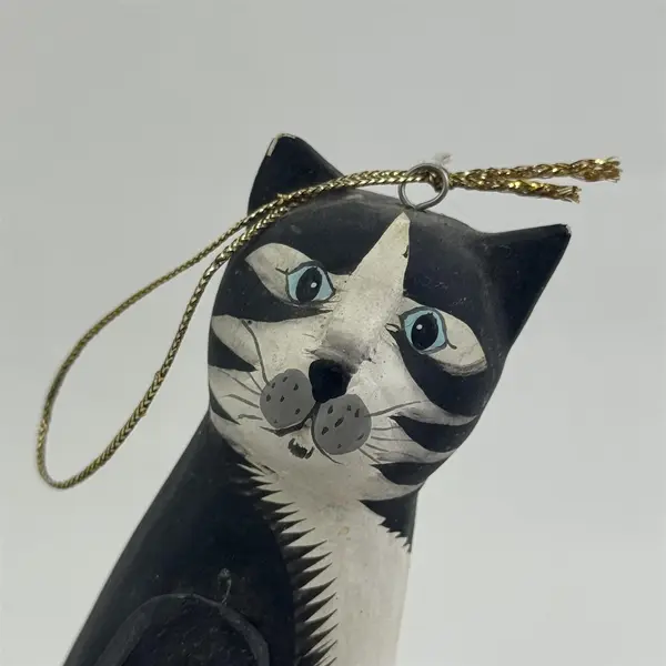 Carved Wood Black And White  Skiing Cat Christmas Ornament - 7"