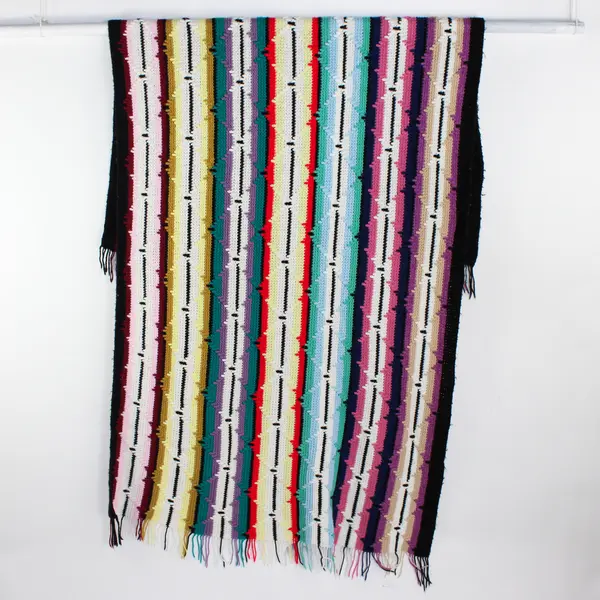 Handmade Multicolor Striped Knitted Throw Blanket Fringe Trim 107" x 61"