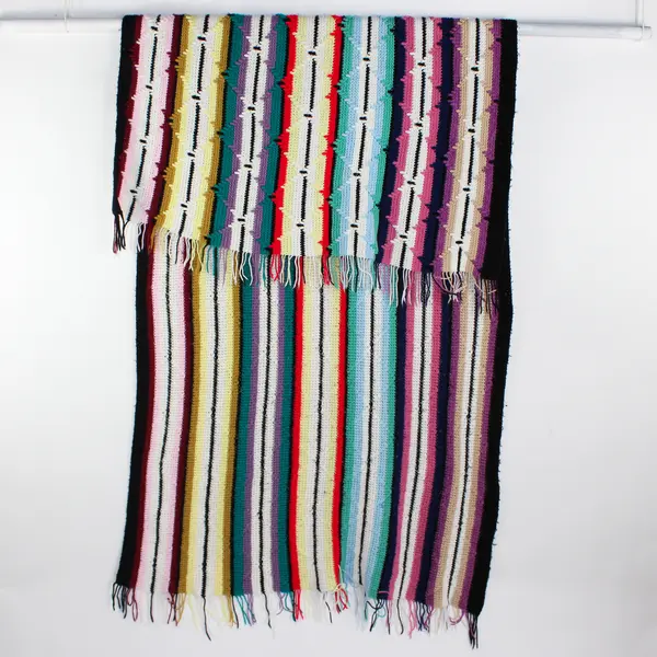 Handmade Multicolor Striped Knitted Throw Blanket Fringe Trim 107" x 61"
