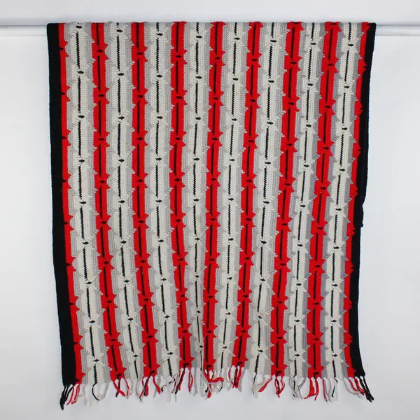 Handmade White/Gray/Red Striped Knitted Throw Blanket Fringe Trim 52" x 75"