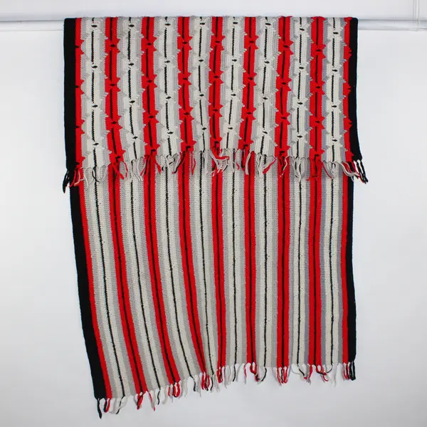 Handmade White/Gray/Red Striped Knitted Throw Blanket Fringe Trim 52" x 75"