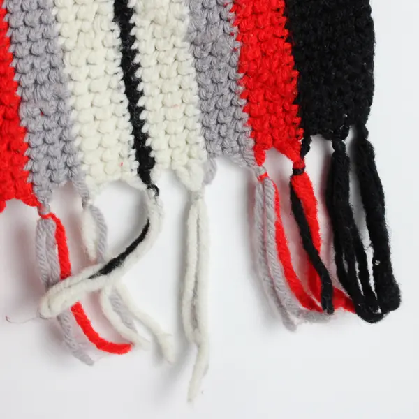 Handmade White/Gray/Red Striped Knitted Throw Blanket Fringe Trim 52" x 75"