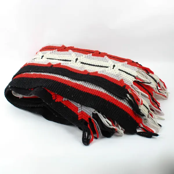 Handmade White/Gray/Red Striped Knitted Throw Blanket Fringe Trim 52" x 75"