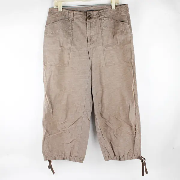 Liz Claiborne Women's 12 Khaki Drawstring Leg Cuff 100% Cotton Capri Pants