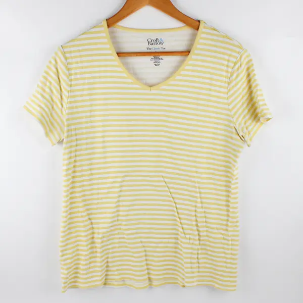 Croft Barrow Women's Large Yellow Striped Short Sleeved V-Neck Shirt