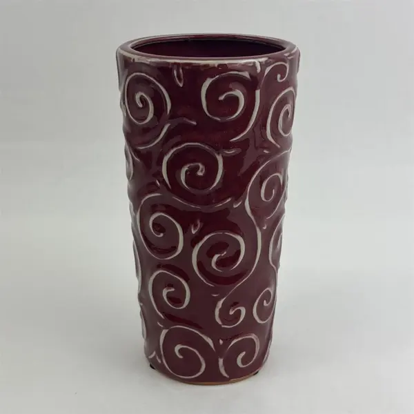 Cranberry Red Ceramic Vase With Embossed White Swirls 9"