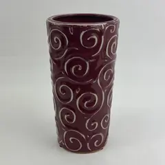 Cranberry Red Ceramic Vase With Embossed White Swirls 9"