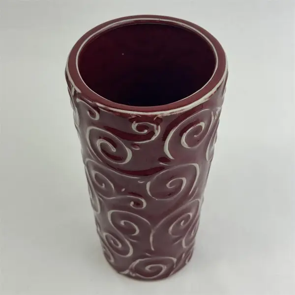 Cranberry Red Ceramic Vase With Embossed White Swirls 9"