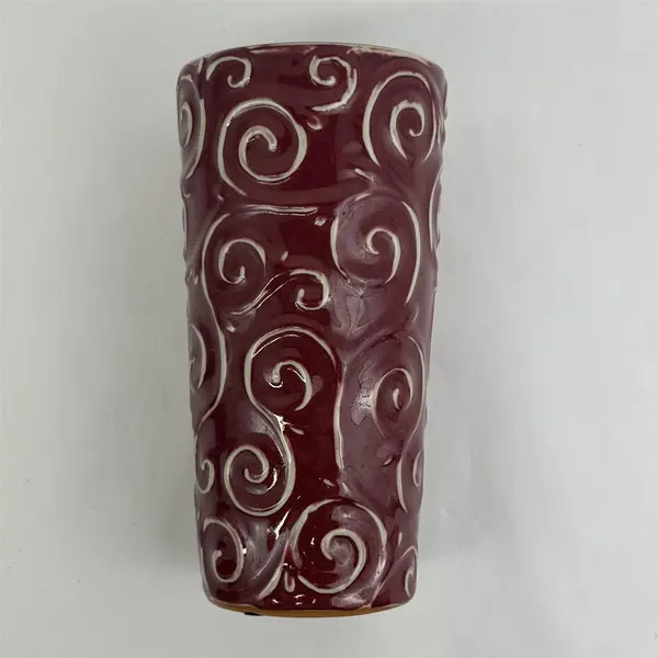 Cranberry Red Ceramic Vase With Embossed White Swirls 9"