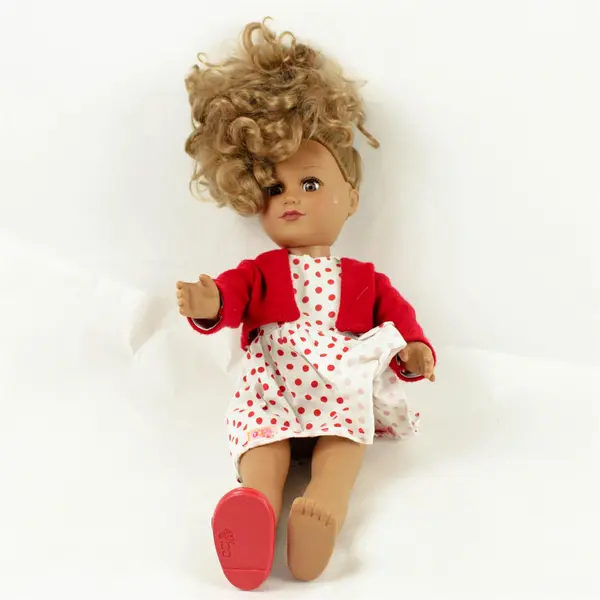 Vintage 16.5in Poseable Doll White Dress Red Polka Dots Red Sweater Missing Shoe