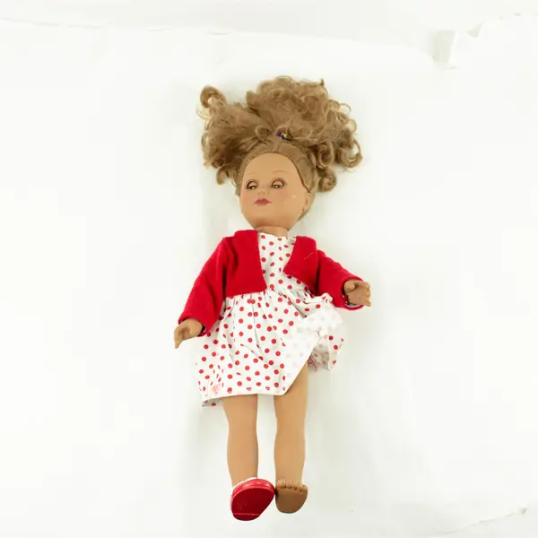 Vintage 16.5in Poseable Doll White Dress Red Polka Dots Red Sweater Missing Shoe