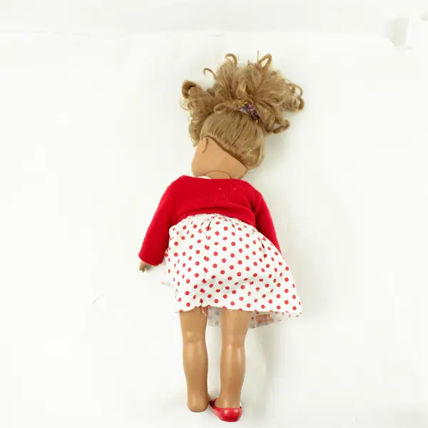 Vintage 16.5in Poseable Doll White Dress Red Polka Dots Red Sweater Missing Shoe