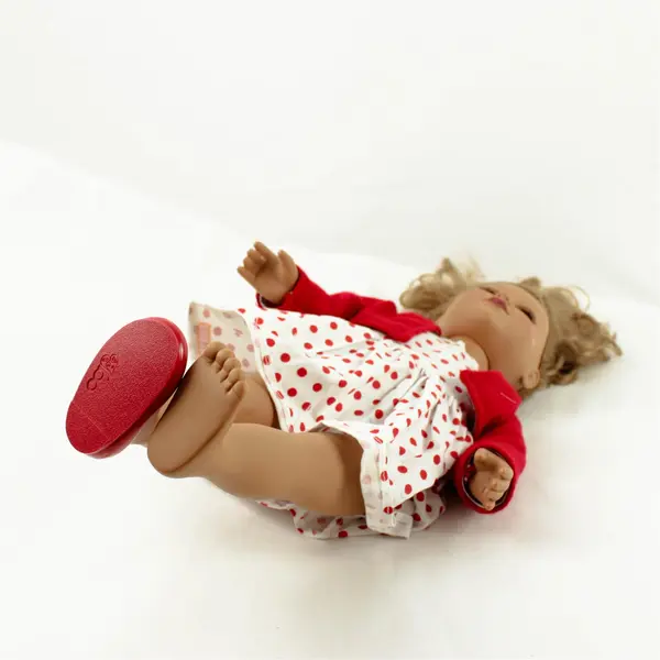 Vintage 16.5in Poseable Doll White Dress Red Polka Dots Red Sweater Missing Shoe