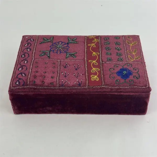 Pier 1 Burgundy Crushed Velvet Embroidered Beaded Jewelry Box 
