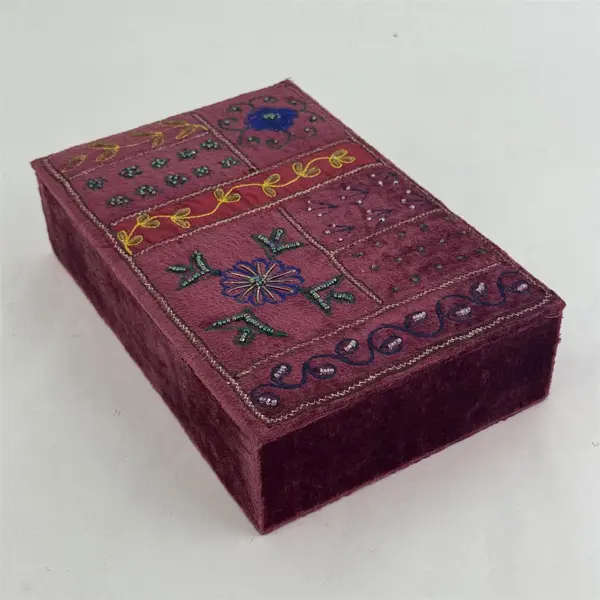 Pier 1 Burgundy Crushed Velvet Embroidered Beaded Jewelry Box 