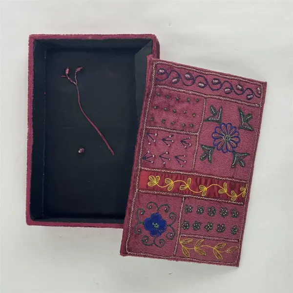 Pier 1 Burgundy Crushed Velvet Embroidered Beaded Jewelry Box 