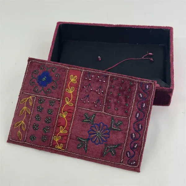 Pier 1 Burgundy Crushed Velvet Embroidered Beaded Jewelry Box 