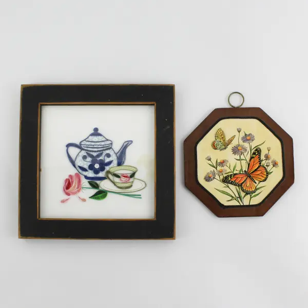 Lot of 2 Small Wall Pictures Butterflies & Teapot Rose Vintage Frames
