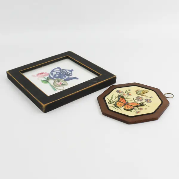 Lot of 2 Small Wall Pictures Butterflies & Teapot Rose Vintage Frames